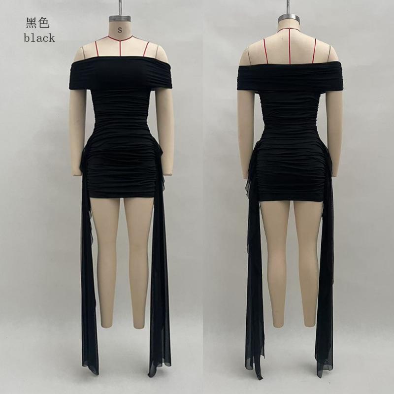 European and American Style New Women's Clothing One-word Shoulder Streamer Pendant Pleated Sexy Hip-wrapped Short Dress