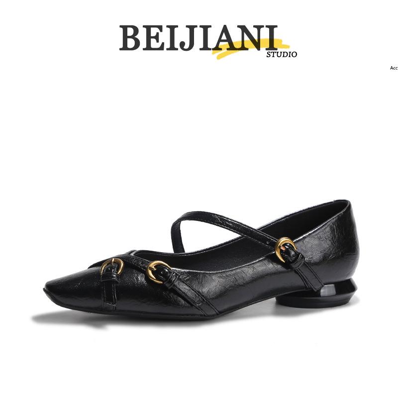 Beijiani Women's Cross-Buckle Sheepskin Mary Jane Square-Toe Flats