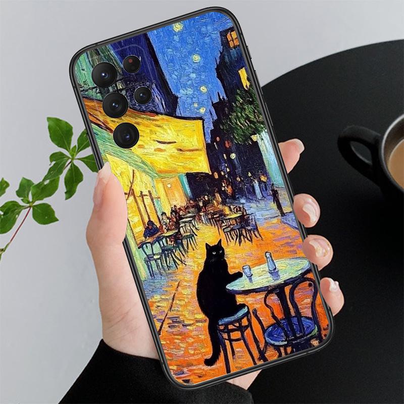 

Phone Case For Samsung A55 A16 A56 A36 A35 A15 A53 A54 A33 A34 A25 A05S A52 A52S A14 A26 A71 Art Black Cat Wave Van A33 5G