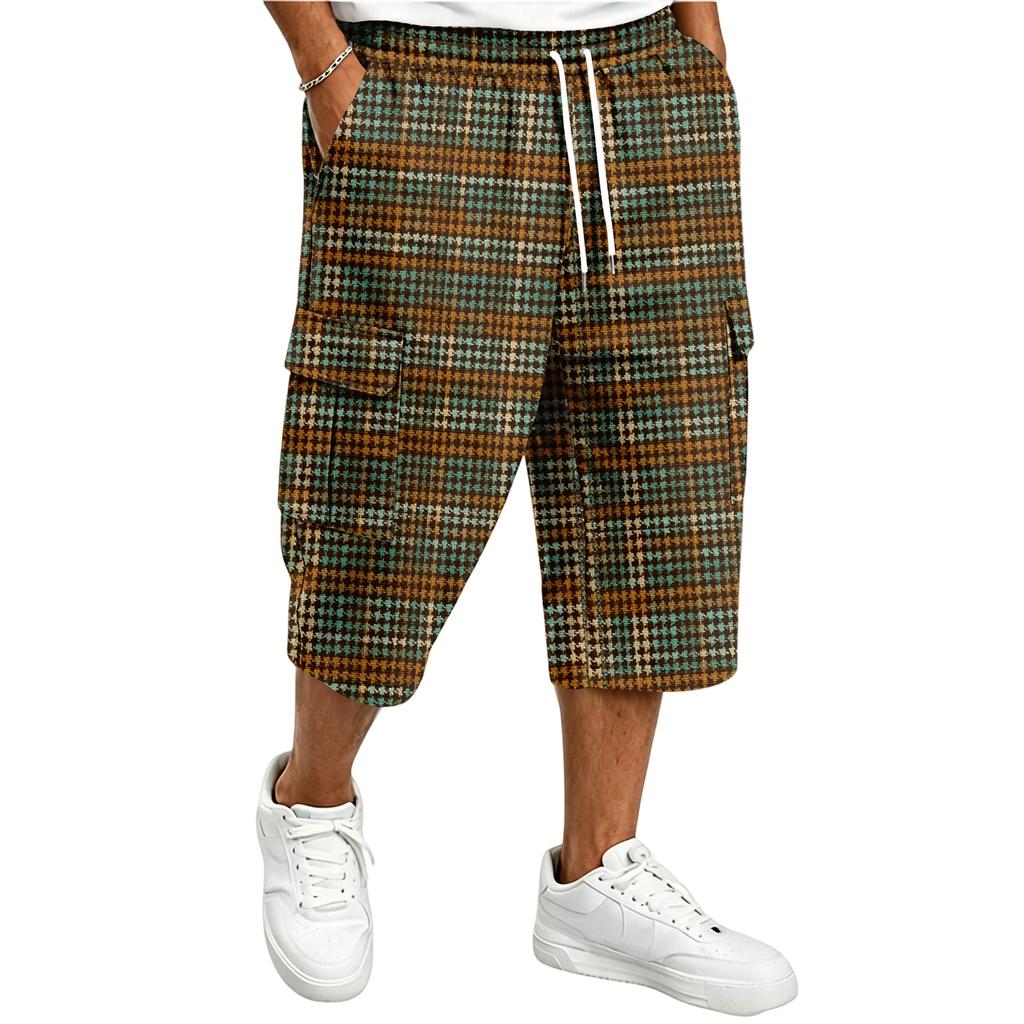 Men's Casual Drawstring Cargo Shorts with Plaid Print for Summer Outdoor Activities