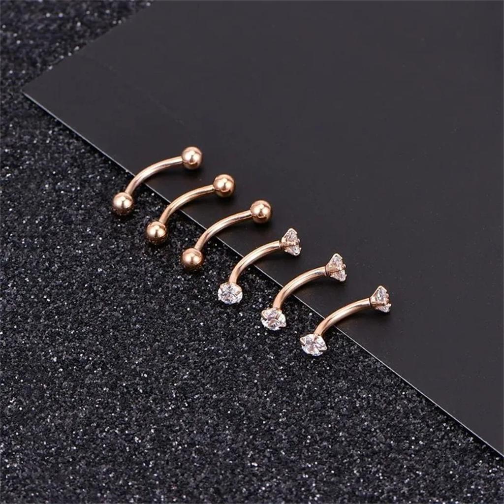 6Pcs 316 Stainless Steel Curved Barbell Eyebrow Lip Belly Ring With Shiny Zircon Fashion Body Piercing Jewelry