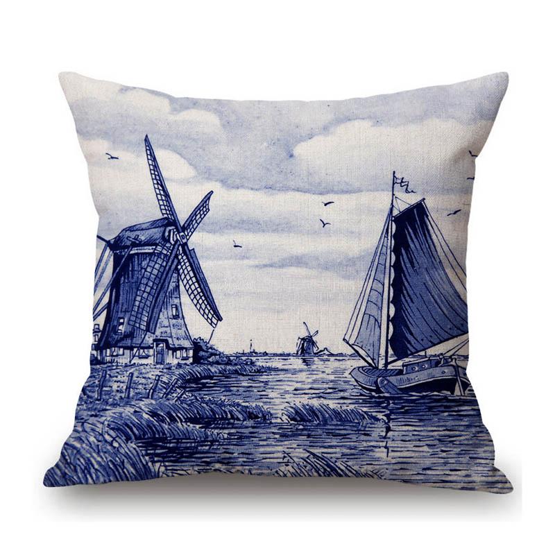 Traditional Deflt Blue Royal Holland Wildmill Toile De Jouy Art Decoration Sofa Throw Pillow Case Cotton Linen Cushion Cover