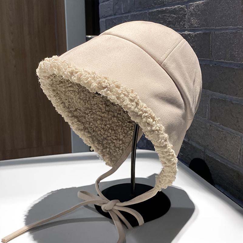 1PC Faux Shearling Warm Windproof Fashion Face Slimming Thickened Plush All-Match Bucket Hat Korean Women Winter 57.5cm