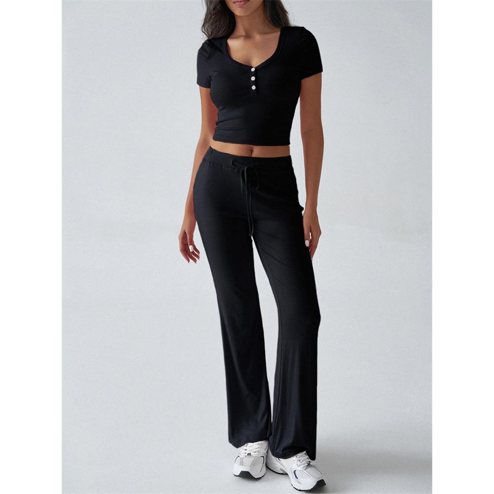 

Women s Sets Casual Solid Color Short-sleeved Round Neck Navel-baring T-shirt and Trousers 2-piece Set Clothes Sale S чорний