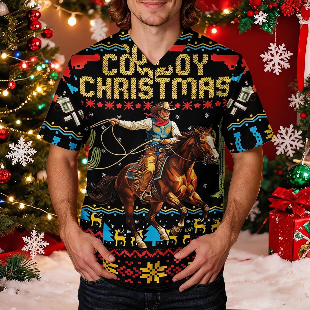Men's Caregiver Uniform Top with Christmas Print Short Sleeve V-Neck and Pockets