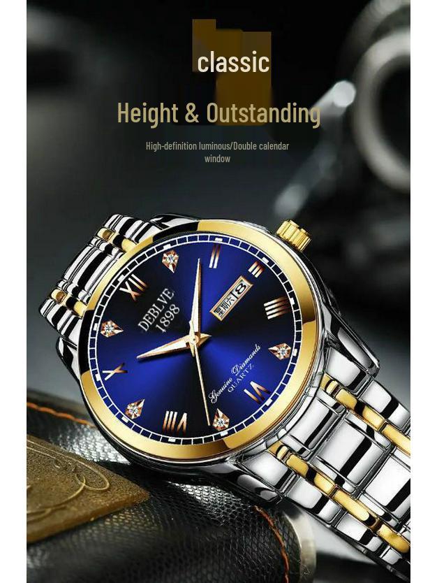 Men's Swiss Double Calendar Watch with Alloy Steel Band, Waterproof & Luminous.