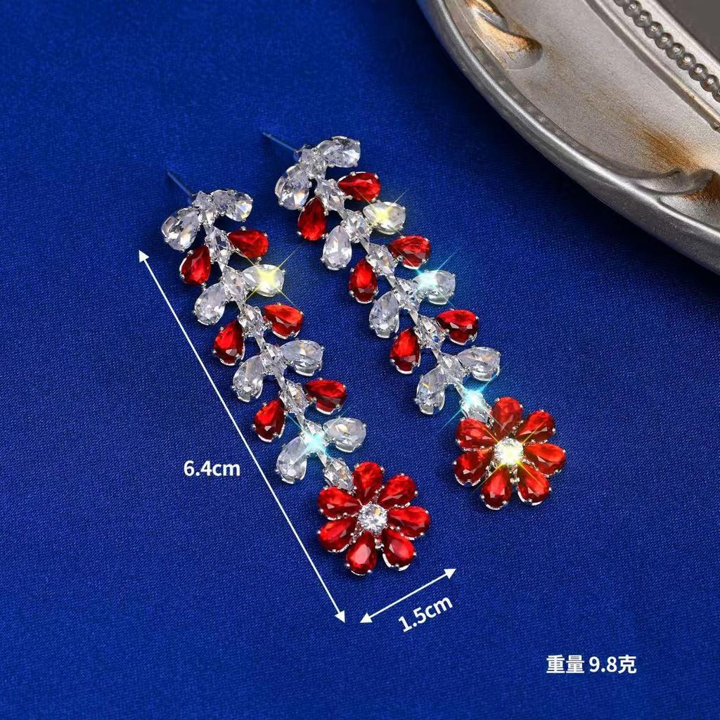 French Luxury, Elegant Red Flower Zircon Earrings, Versatile Evening Dress Accessories, Slim Face, Fashionable Long Earrings