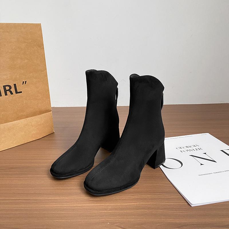 Autumn and winter nude suede short boots women's thick heel small high heel diagonal boots rear zipper square head Martin boots 6cm