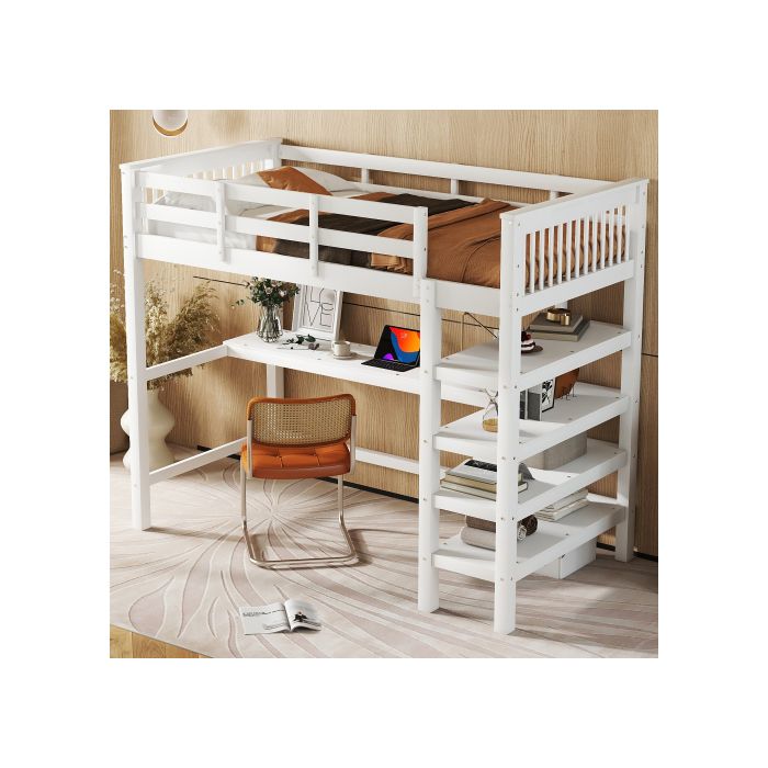 Lit Surélevé - MUVOE - 90 X 200 Cm - Bureau Intégré - Compartiments De Rangement - Blanc