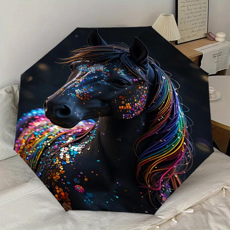 Colorful Sequin Horse Head Automatic Opening Folding Umbrella with Rainbow Mane - Outdoor Rain Gear for Fans, Travelers, Everyday Use, Festi