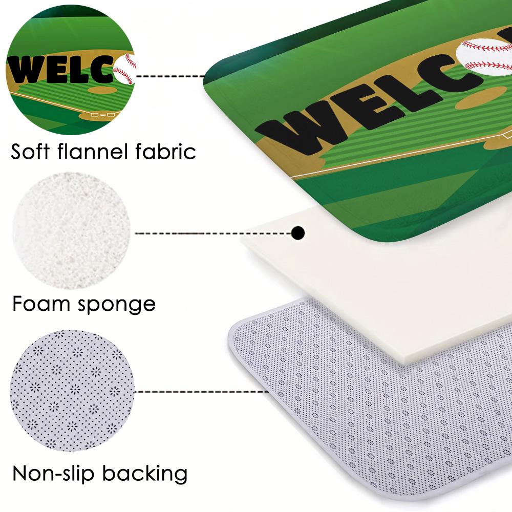 Baseball Welcome Doormat Sports Theme Green Grass Entrance Rug Game Day Stadium Non-Slip Welcome Floor Mat for Home Decor