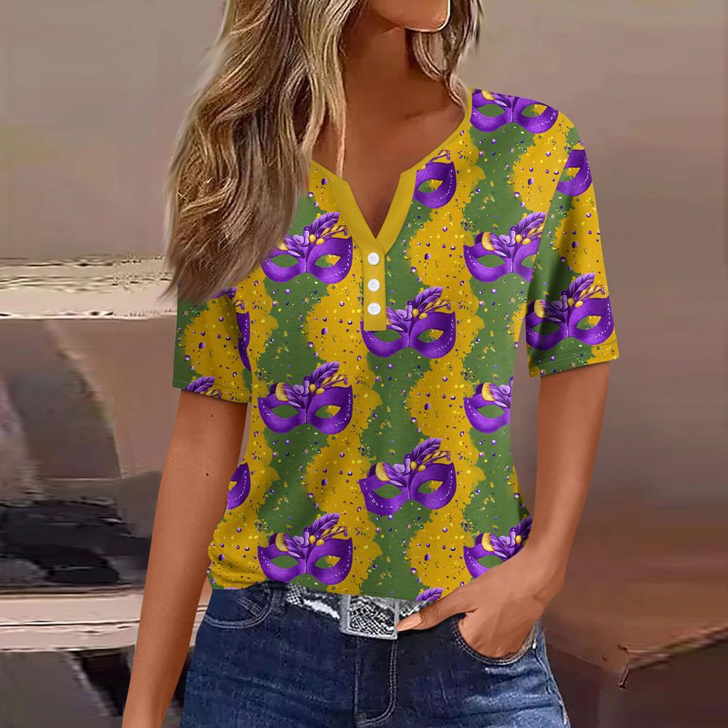 Damen-T-Shirt, T-Shirt, bedruckt, Knopfleiste, kurzärmelig, für den Alltag, Wochenende, modisch, Basic, V-Ausschnitt, normales Oberteil