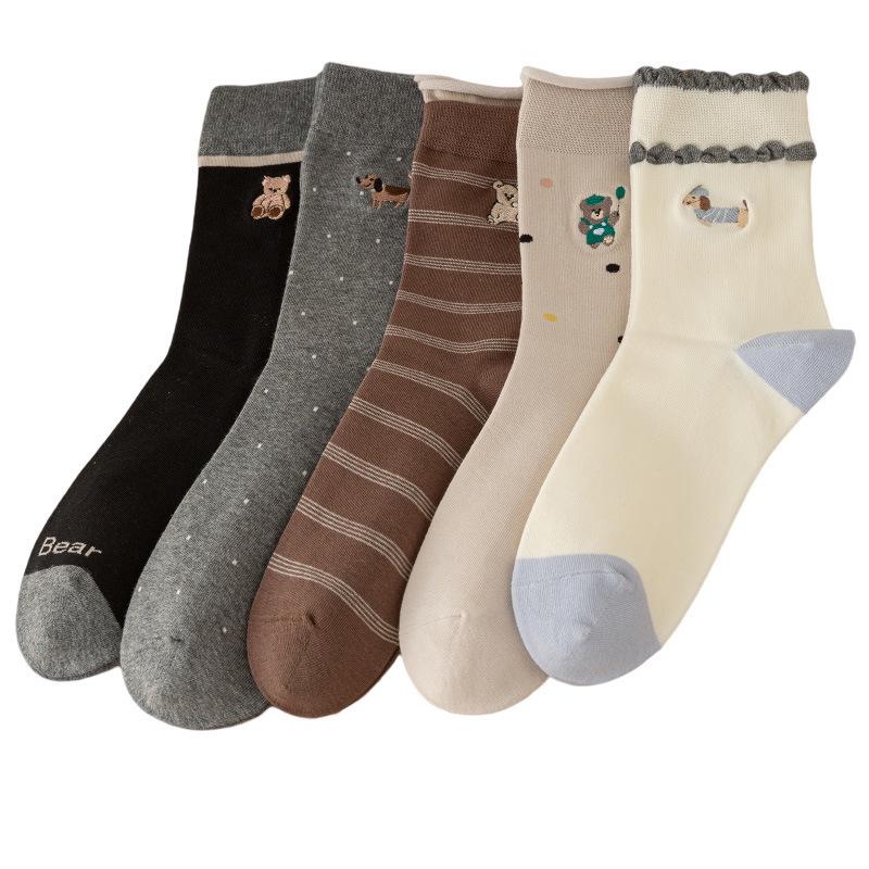 25 New Korean Style Cartoon Embroidery Lace Ruffle Mid-Calf Socks for Women - Autumn/Winter Collection