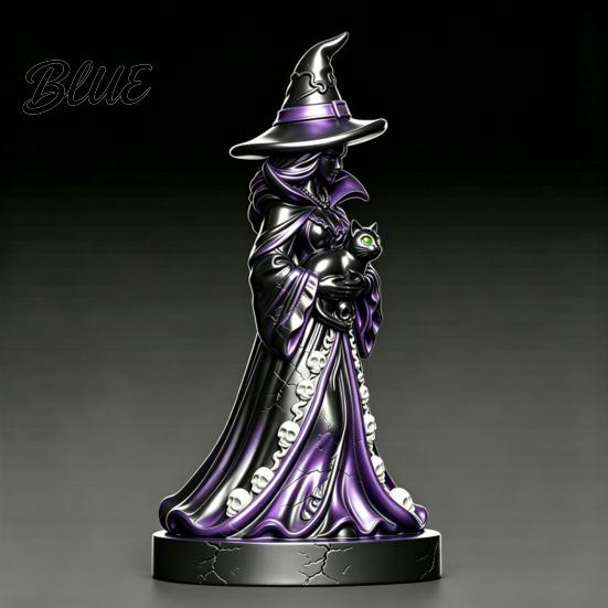 Hand Carved Resin Craft Lighted Witch Figurine Holding Black Cat Statue Gothic Stable Base Figurine Sculpture with LED Lights for Halloween