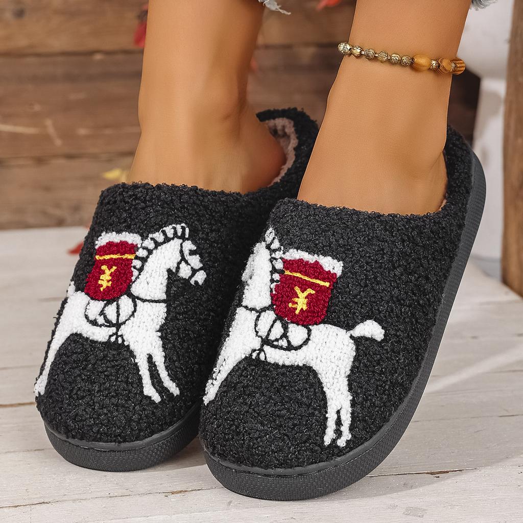 Mode Plüsch Zuhause Dicksohlige Bequeme Plüsch Baumwollpantoffeln mit Tier Muster Stickerei, Niedliche Warme Rutschfeste Hausschuhe