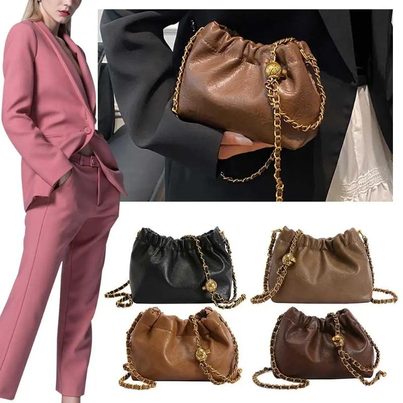 Women's Crossbody Tote Bag PU Leather Hobo Bag Fashionable Retro Bucket Bag Korean High-End Chain Crossbody Bag