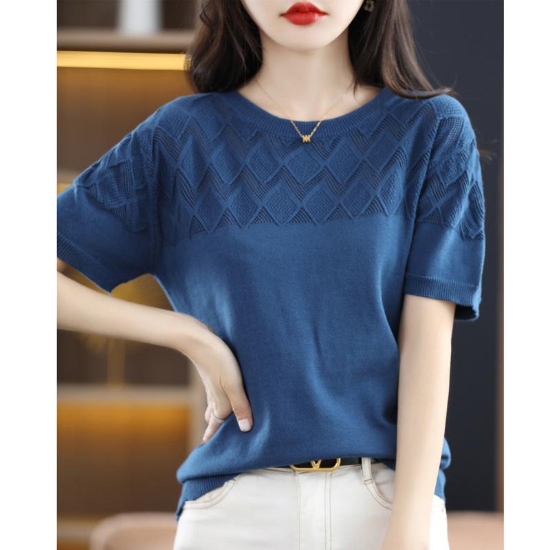 Puur Katoen Ronde Hals Hol Effen Kleur Dunne T-shirt voor Dames Zomer Nieuw T-shirt voor Katoen Gebreid Korte Mouw Losse Halve Mouw Top M blue