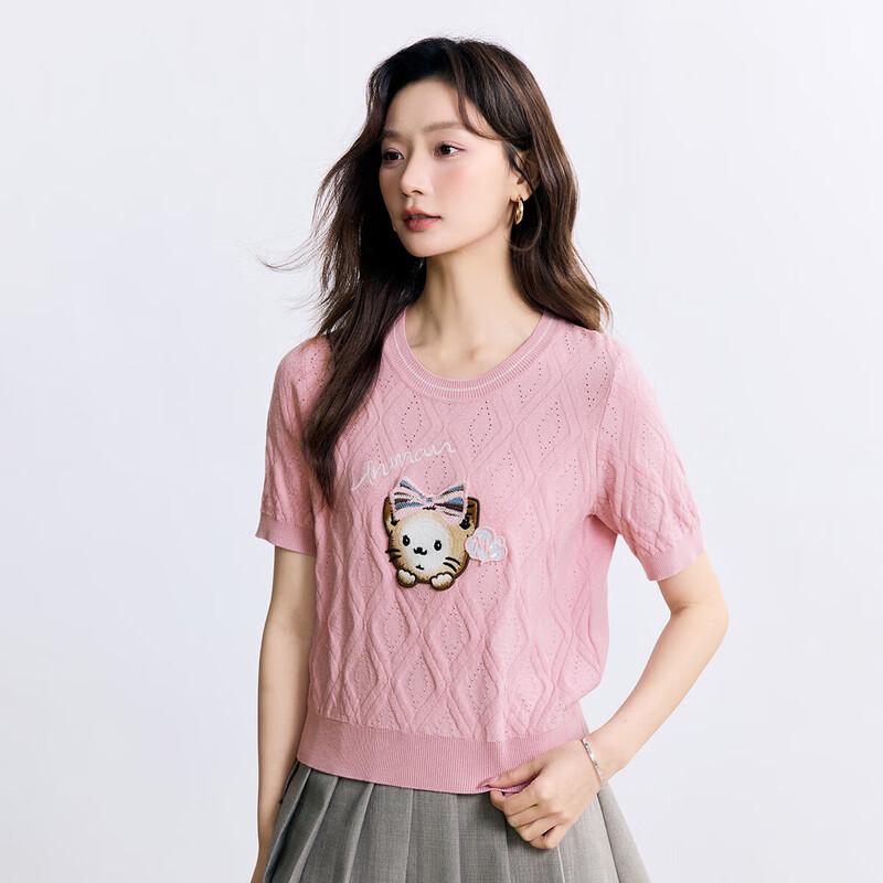 INMAN Cute Cat Embroidered Short-Sleeve Knit Top S