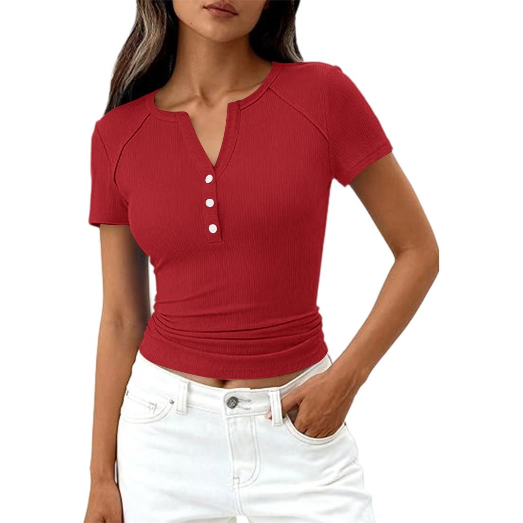 Haut T-shirt Décontracté Mode Femme Couleur Nouvelle Manches Courtes Bouton Décoratif Col en V