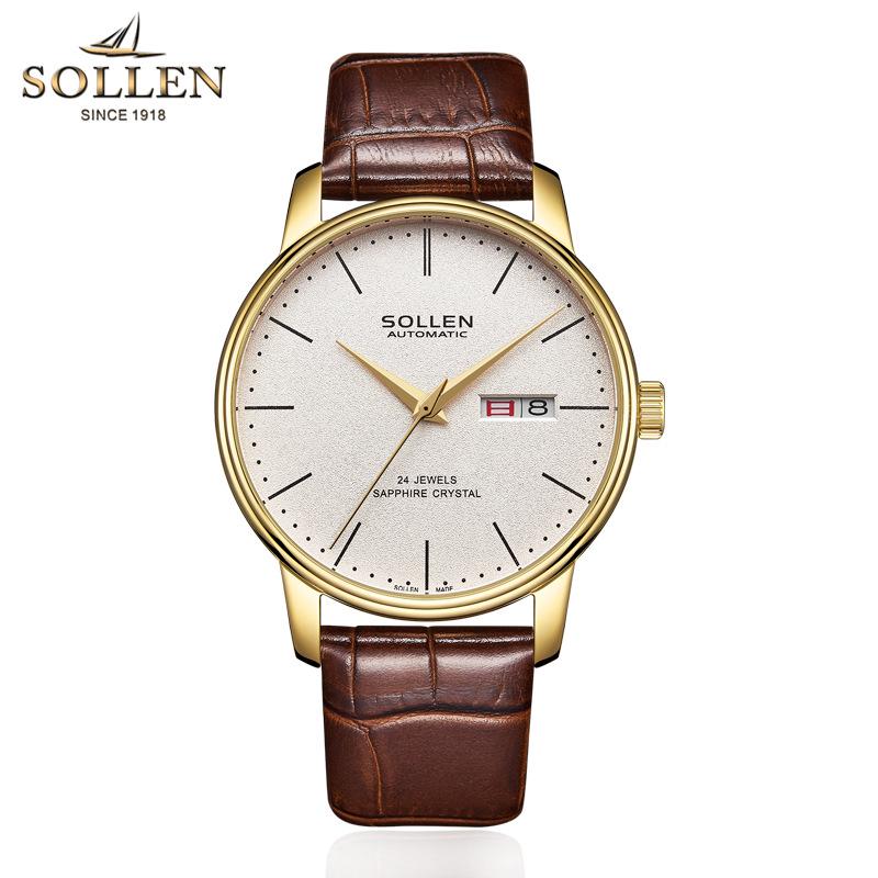 

Мужские автоматические часы Solon с кожаным ремешком из нержавеющей стали с двойным календарем