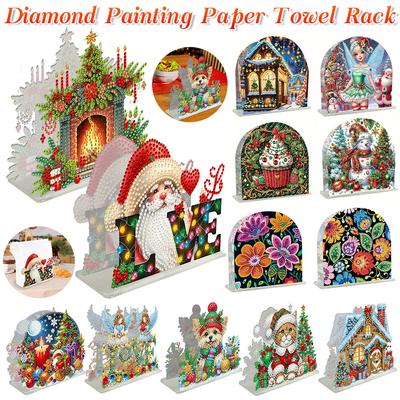 Double Sided Christmas Diamond Painting Napkin Holder DIY 5D Acrylic Diamond Painting Tabletop Paper Towel Holder Desk Ornaments