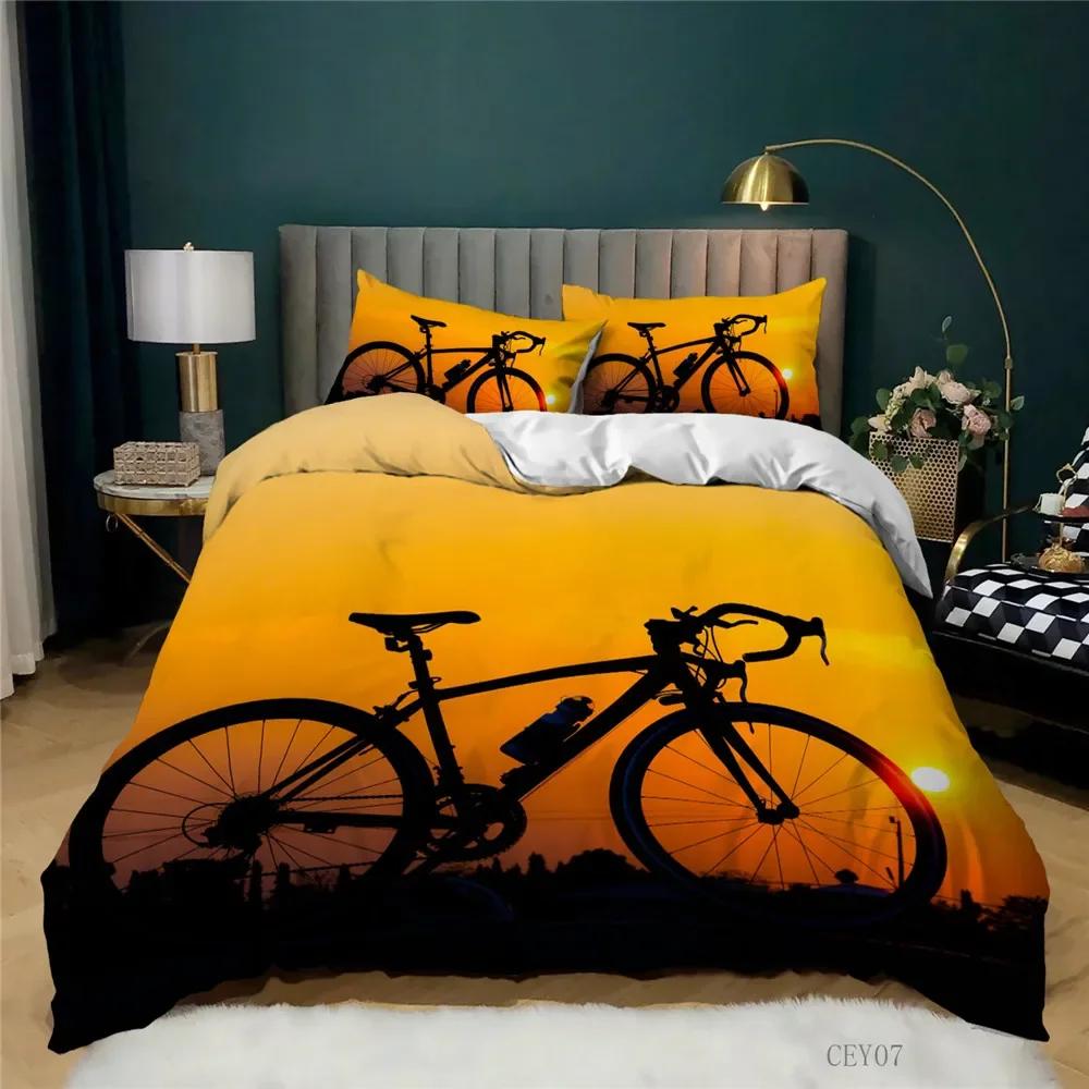 Print Orange Bike Beding Set Adult Peoples Children Kids Winter Soft Duvet Cover featuring Pilowcases Luminous Bicycle Patern Bedrom Warm Comforter