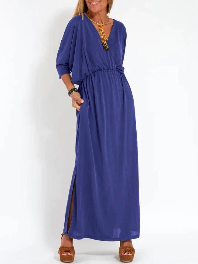 European And American Style Summer New Products, Fashionable Solid Color High-Waisted Split V-Neck Dress