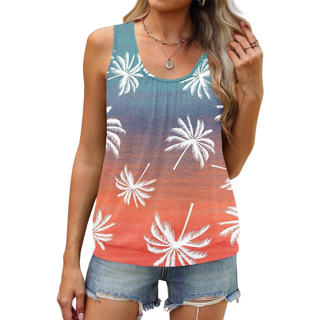 Colete de verão feminino solto plissado gola redonda camisa casual sem mangas top