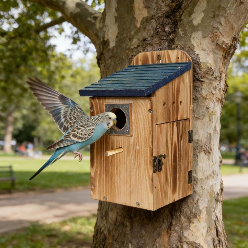 Durable Wooden Bird Shelter For Outdoor Use Featuring Viewing Panel And Safety Feature