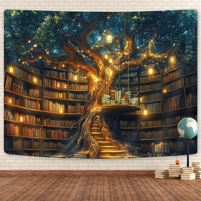 VIKAMA Luminous Tree Library Tapestry Dark Academia Wall Art Bedroom Headboard Decor Dorm Renovation Backdrop Room Decoration