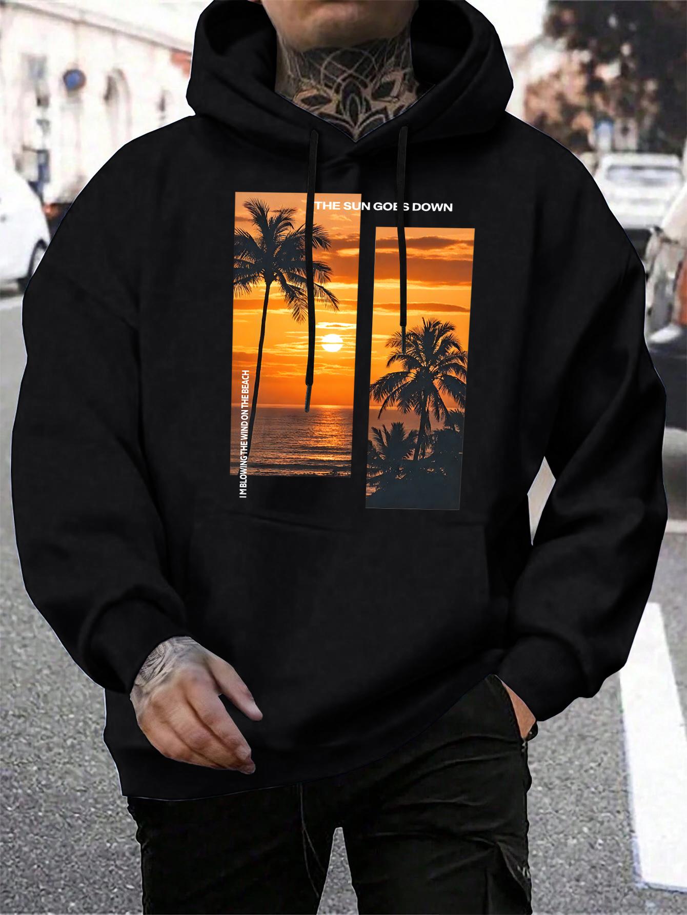 

Beautiful Coconut Tree Beach Scenery Printing Hoodies Men Hip Hop Fleece Streetwear Autumn Loose Hoody Pocket All-Match Hoodie 3XL
