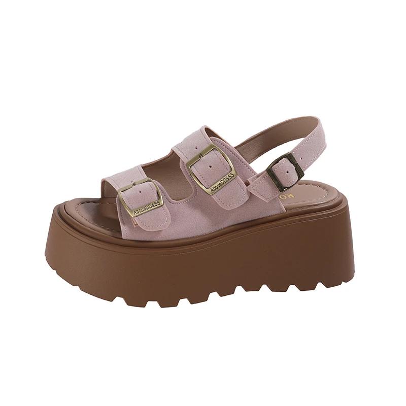 Women's casual slippers 2025 one word buckle strap open toe muffin bottom hundred fashion sandals thick bottom heightening shoes