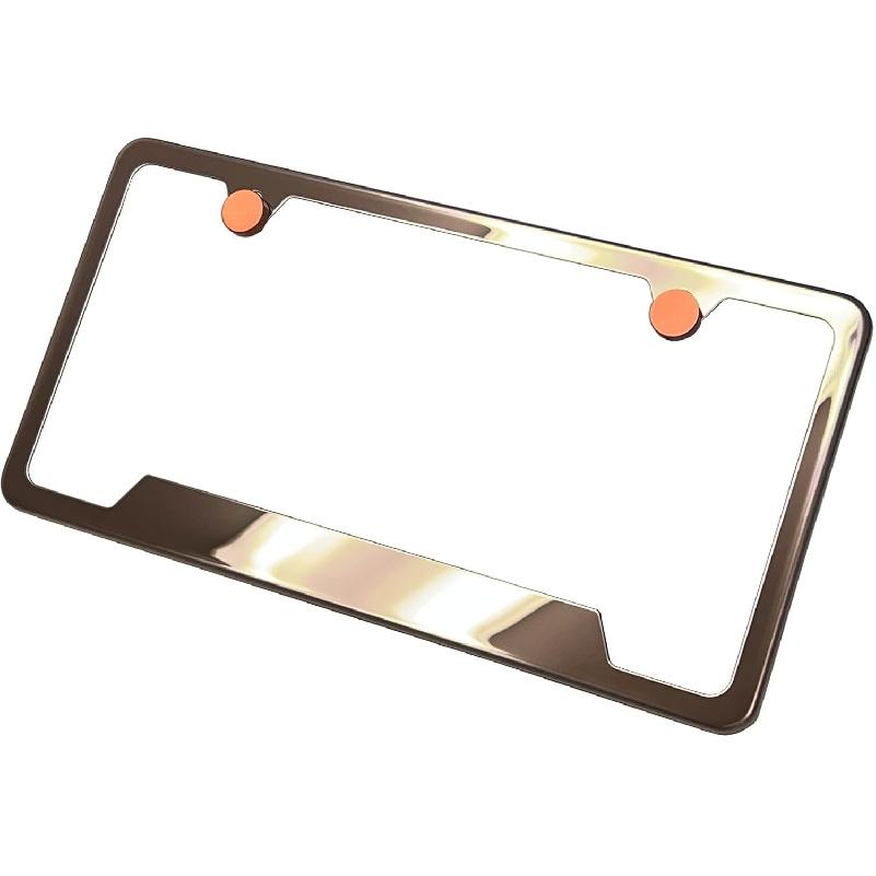 Bottom Corner Cut Out Version License Plate Frame Rose Gold Mirror Chrome Electroplating Universal Fit Aluminum Screw On Cap Cover, T304 Stainless