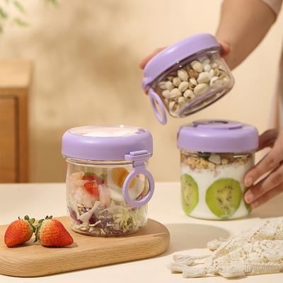 Tragbares Overnight Oats Glas mit integriertem Löffel & Deckel, auslaufsicherer Kunststoff-Frühstücksbecher für Salat, Joghurt, Obst, BPA-freier transparenter Behälter für Mahlzeiten