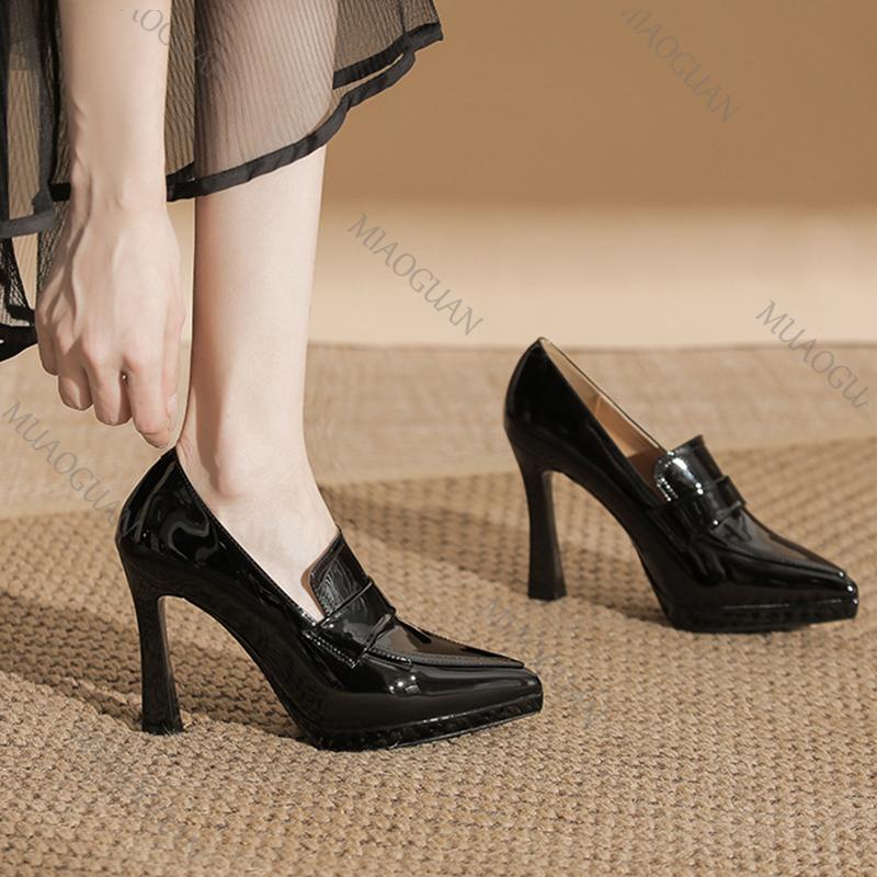 Frühling Herbst Damen Blockabsatz Pumps Spitze Dicke Sohle Einfarbige Leder Einzelne Schuhe Sexy 10cm Hohe Absätze Damenschuhe