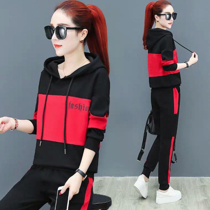 Autumn and Winter Sports Suit Women's Casual Korean Style Loose Slim Hooded Sweatshirt Large Size Two-piece Set