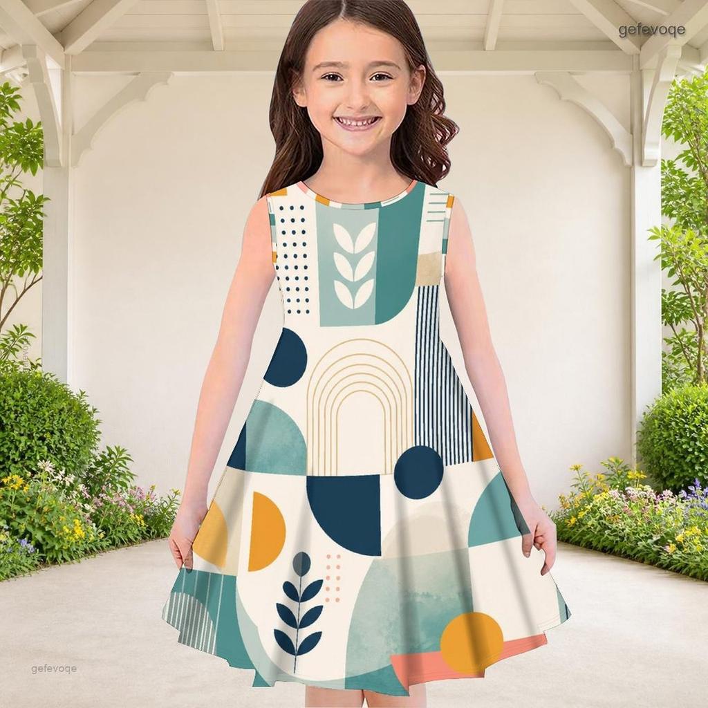 Little Girls Round Neck Sleeveless Geometric Printed A Line Flared Dress