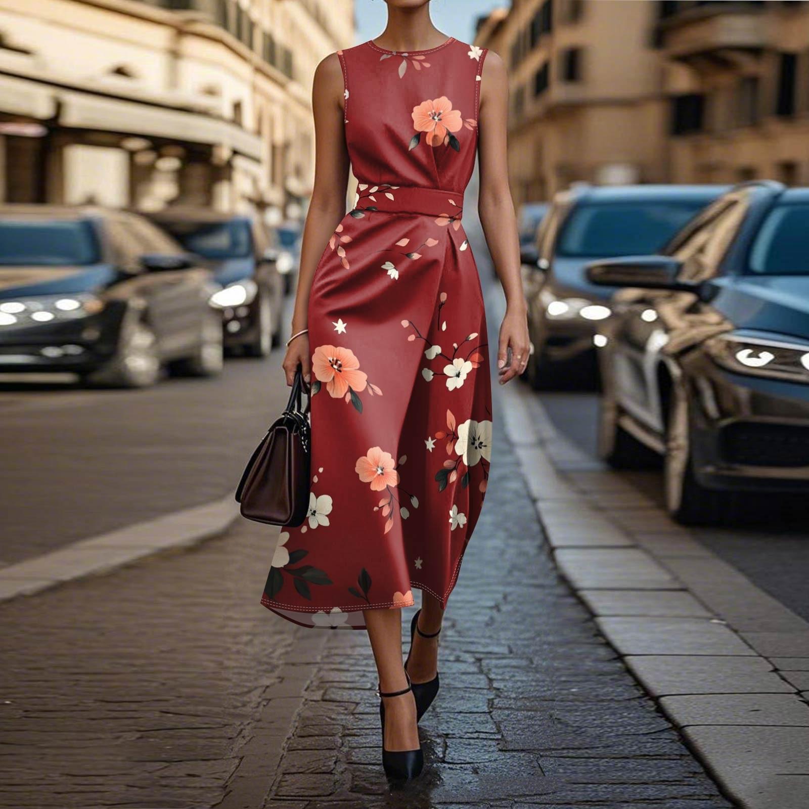 

Платье без рукавов в стиле бохо для женщин, повседневное, свободного кроя, летнее, сарафанное, с принтом XS красный