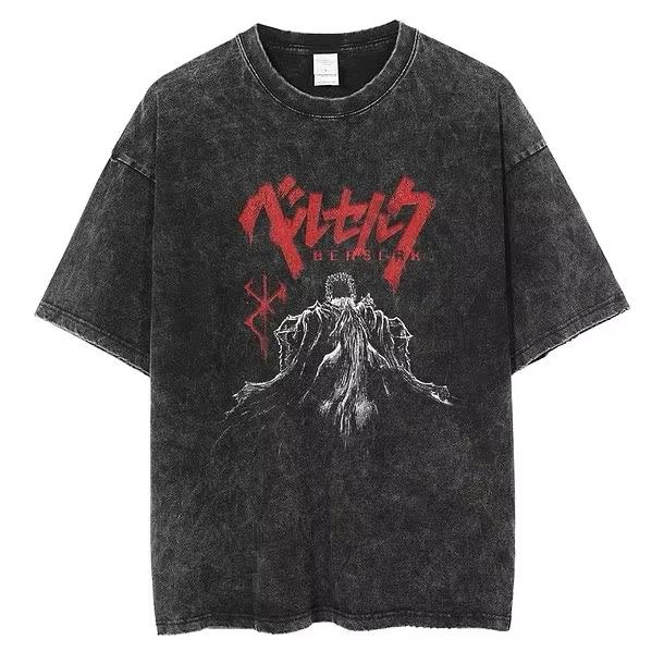 Berserk Anime Guts Charakter Vintage Gewaschenes Baumwoll-T-Shirt Retro Manga Grafik Sommer Kurzarm Locker Geschnittene Oberteile Für Männer Frauen Tägliche Freizeitkleidung