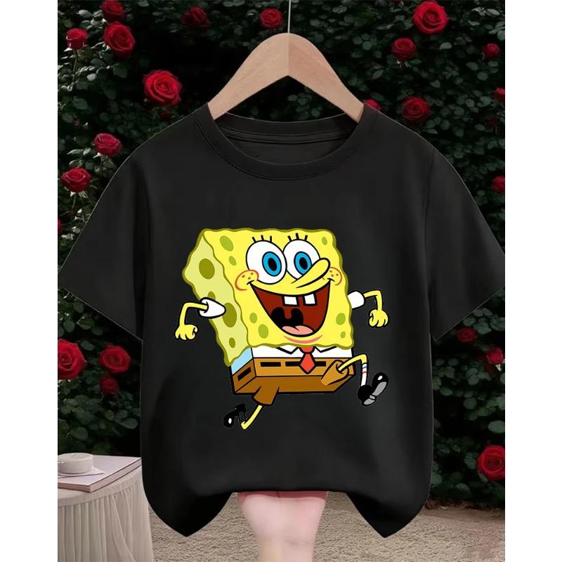 Summer Cute SpongeBob SquarePants Cartoon T Shirt 3-14Y Boys Girls Kawaii Fashion Street Hot Casual Crew Neck Kids