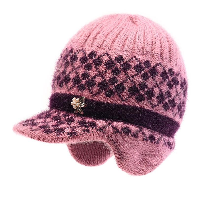 Winter Hat Female Old Lady Knitted Wool Hat Piled Thickened Warm and Cold Ear Hat