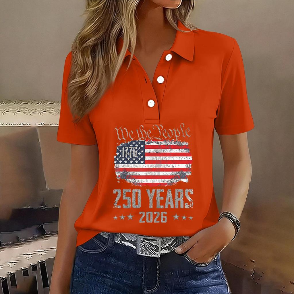 Damen Freizeit Kurzarm Hemd mit Knöpfen 250. Jubiläum Grafikdruck Polo Top für Unabhängigkeitstag Feier 2026 Gedenk-T-Shirt