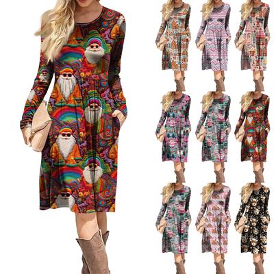 Vestido Casual Estampado Degradado para Mujer Primavera Bolsillo Cuello Redondo Manga Larga
