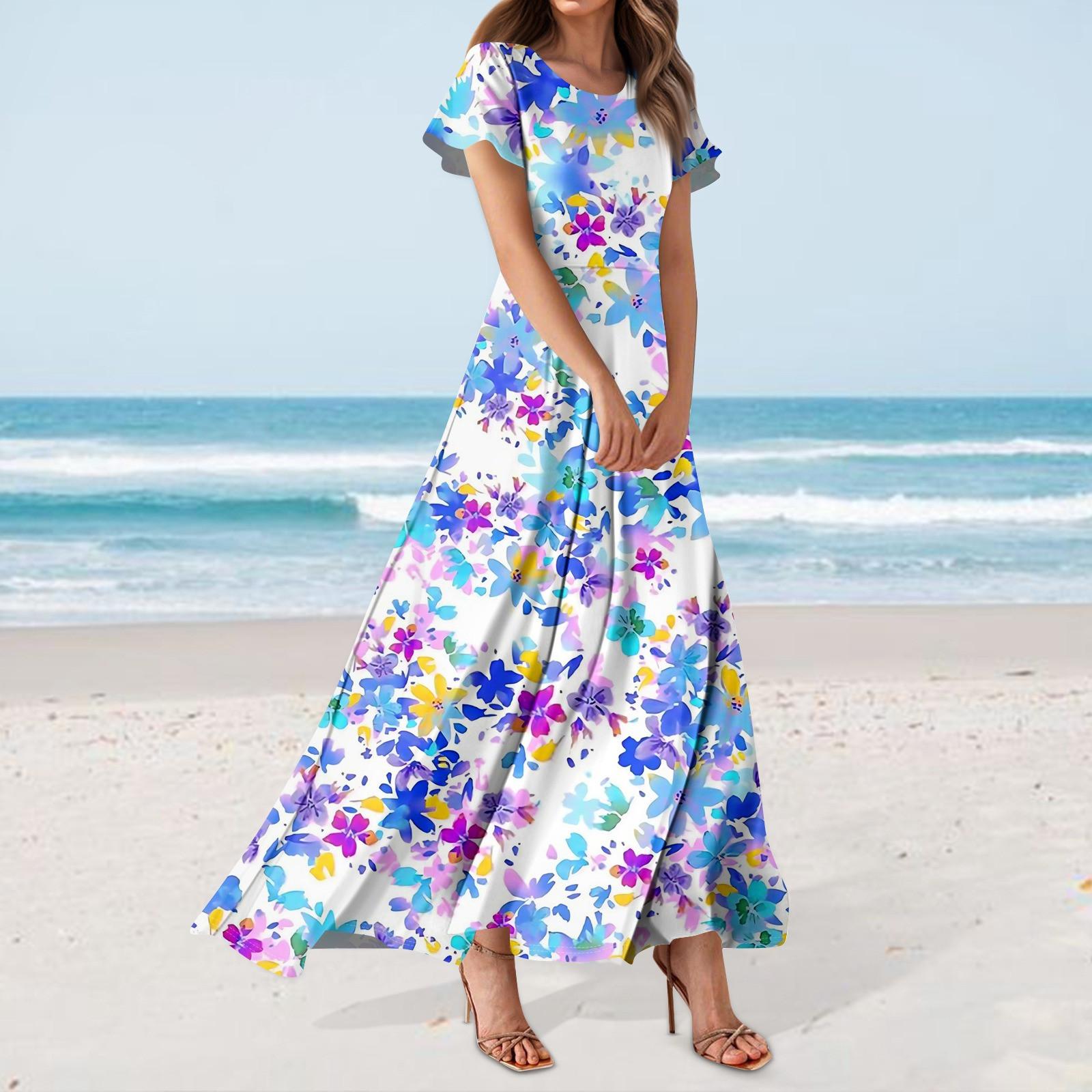 

Женское повседневное платье с гавайским принтом, круглым вырезом, короткими рукавами и высокой талией XL арбуз красный