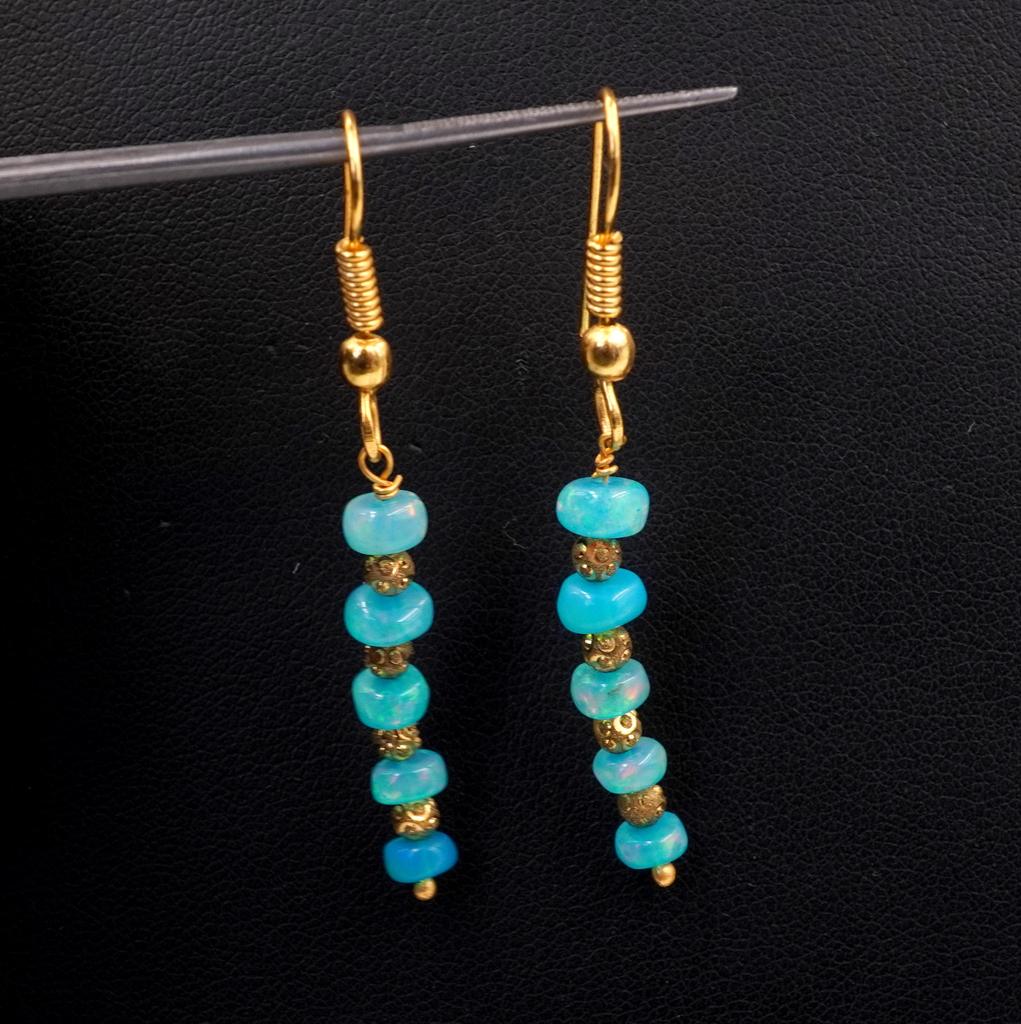 Natural Blue Ethiopian Opal Beads Earrings Multi Fire Opal 10K Gold Cabochon Beaded