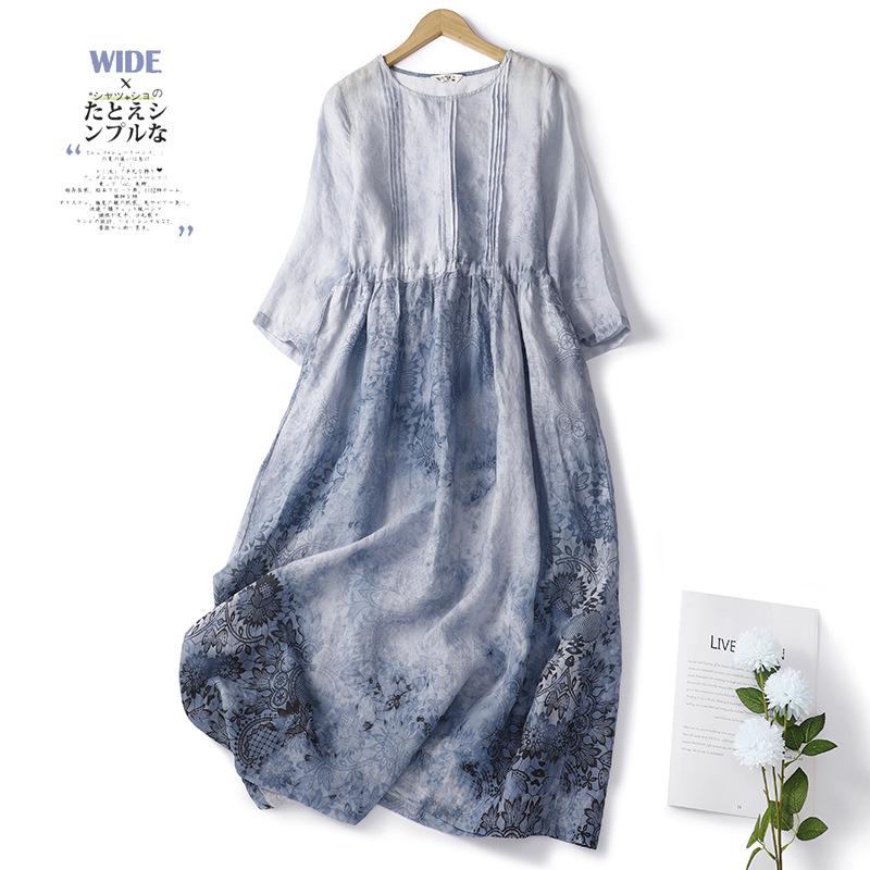 

Printed Linen Round Neck Mid-Length Skirt with Slimming Belt M чернил синий