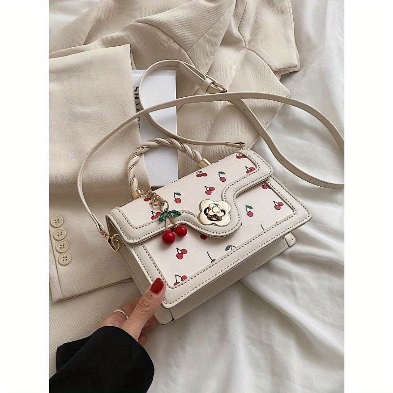 Fashionable High-Class Lady Square PU Handbag, Cute Cherry Printed Shoulder Bag for Shopping, Dating, and Crossbody, Kawaii Cherry Elements Valentines