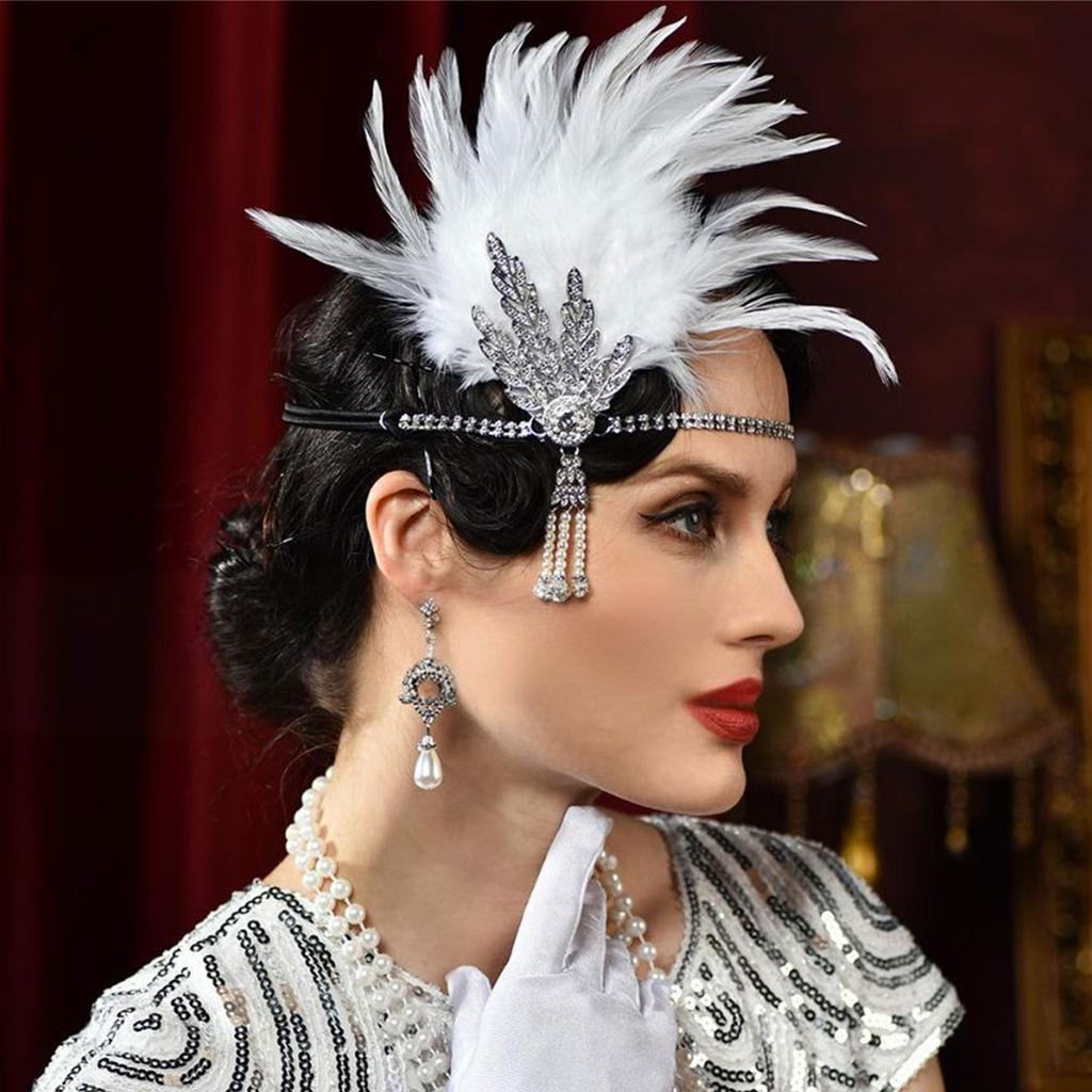 1920s Elegant Rhinestone Leaf Feathered Hairband For Wedding Party and Formal Event Comfortable Elastic Band Headwear