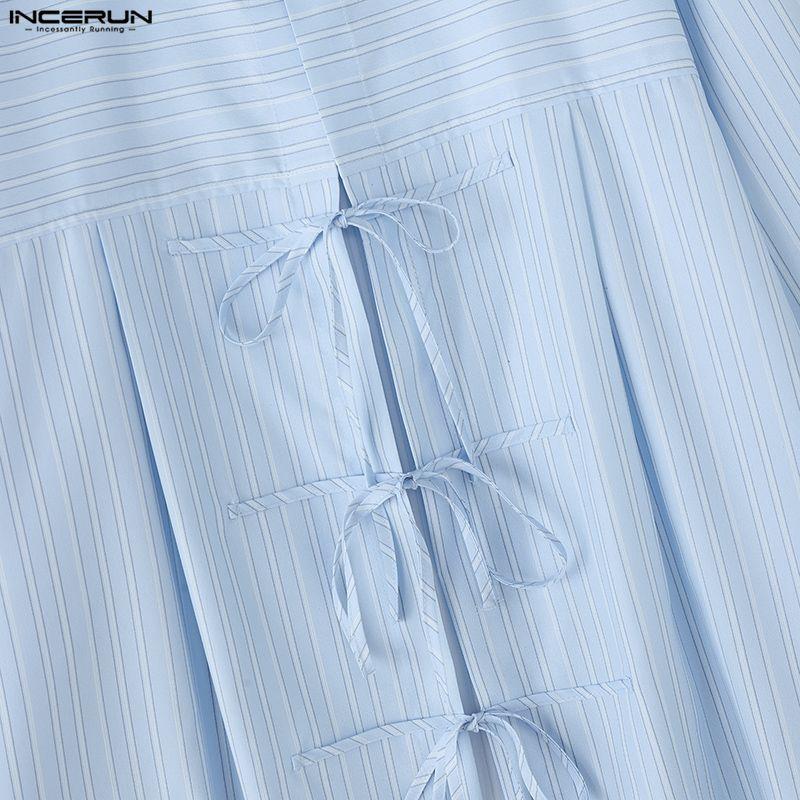 INCERUN Men Lapel Neck Long Sleeve Striped Print Bow Knot Casual Oversized Shirts