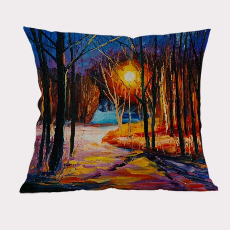 Autumn Tree Landscape Decoration Cushion Cover Cotton Linen 3D Oil Painting Scenery Sofa Decorative Throw Pillow Case Cojines